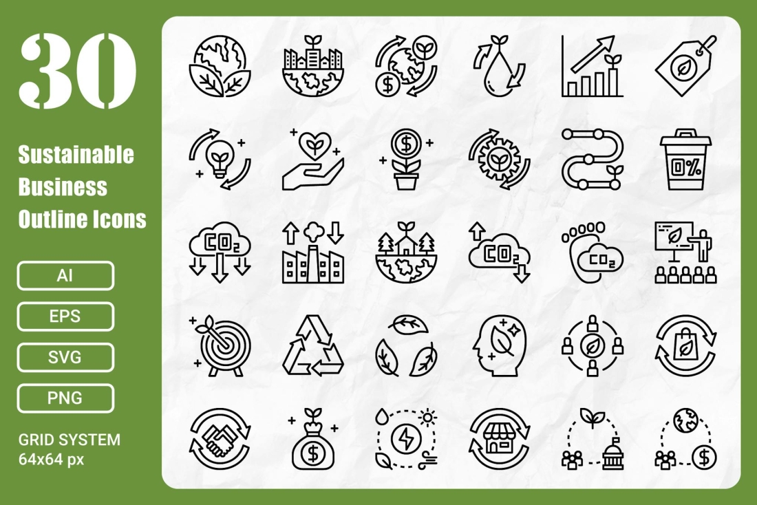 30 Sustainable Business Outline Icons