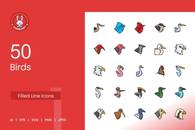 50 Birds Filled Line Icons