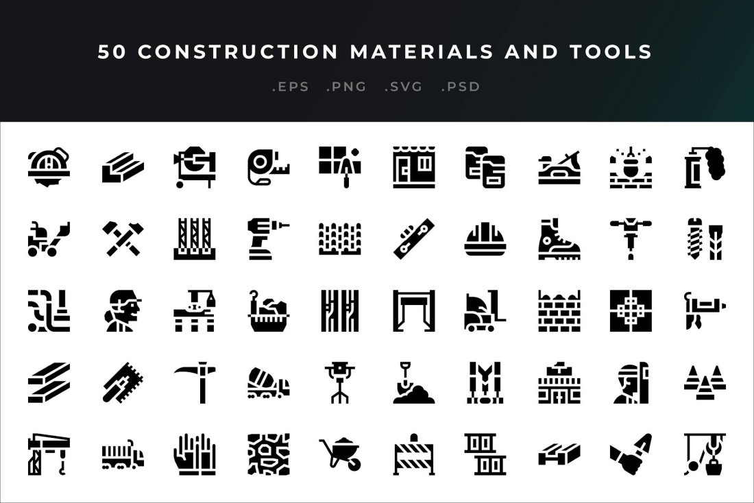 50 Construction Materials And Tools Icons