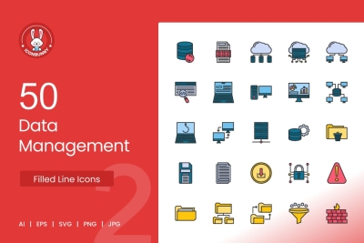 50 Data Management Filled Line Icons