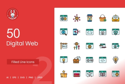 50 Digital Web Filled Line Icons