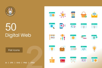 50 Digital Web Flat Multicolor Icons