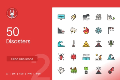 50 Disasters Filled Line Icons