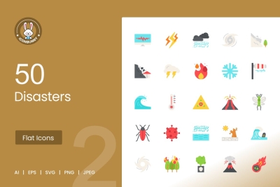 50 Disasters Flat Multicolor Icons