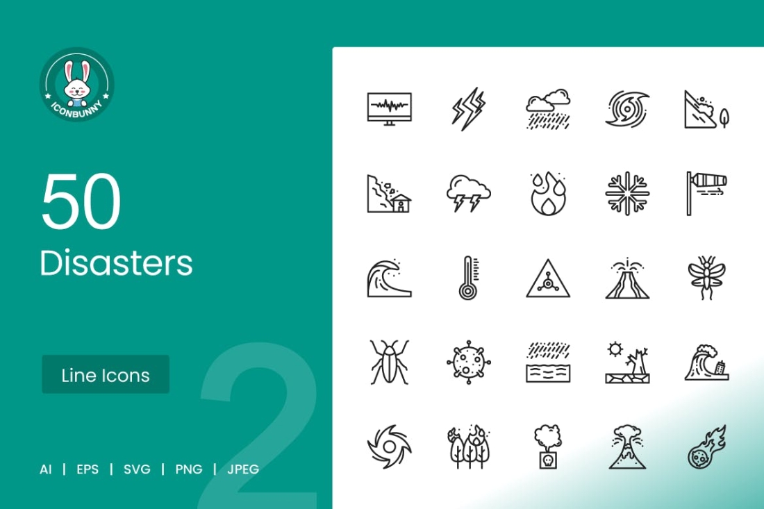50 Disasters Line Icons