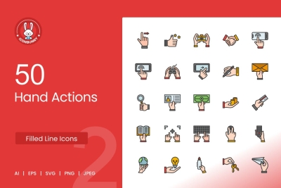 50 Hand Actions Filled Line Icons
