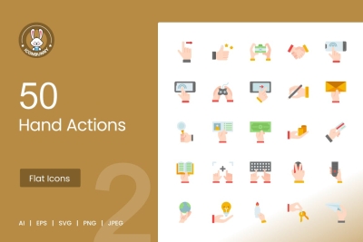 50 Hand Actions Flat Multicolor Icons