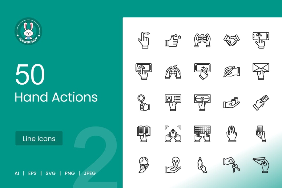 50 Hand Actions Line Icons