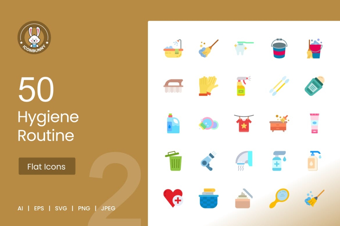 50 Hygiene Routine Flat Multicolor Icons