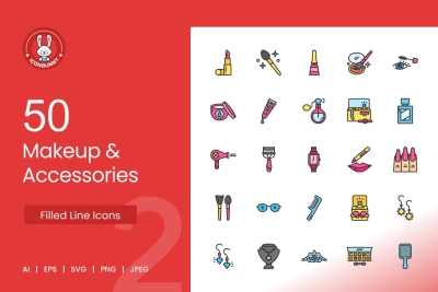 50 Makeup & Accessories Filled Line Icons