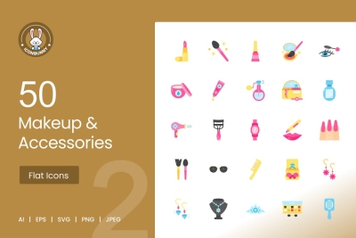 50 Makeup & Accessories Flat Multicolor Icons