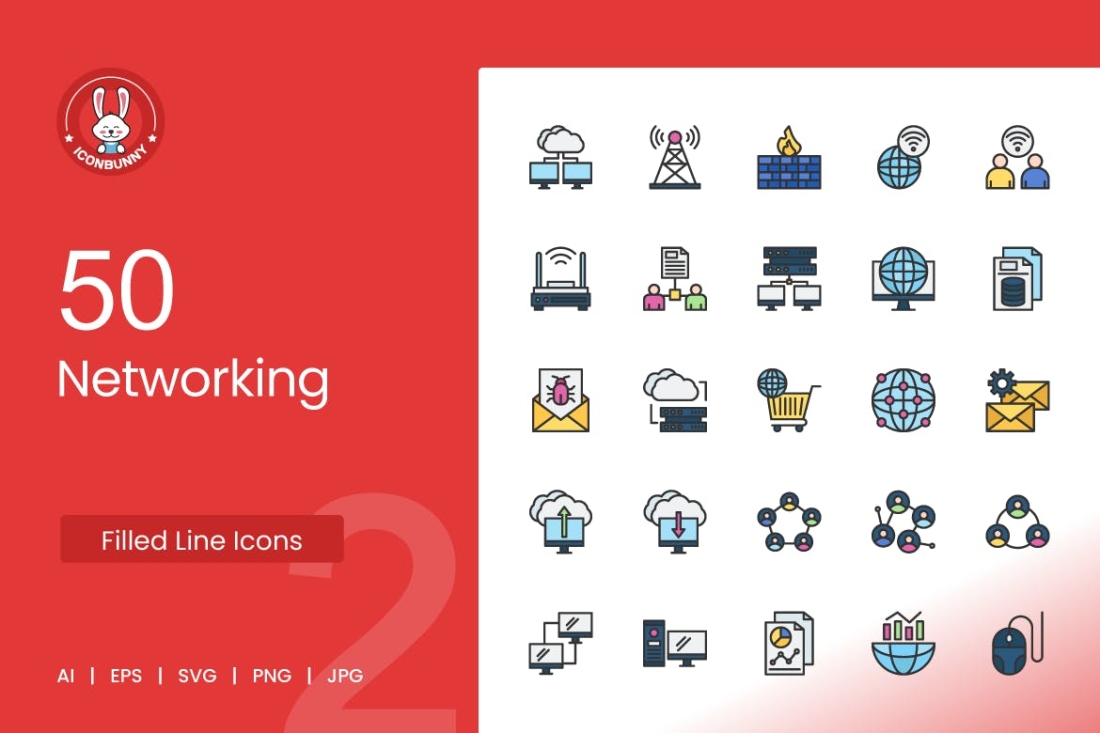 50 Networking Filled Line Icons