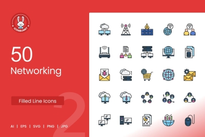 50 Networking Filled Line Icons