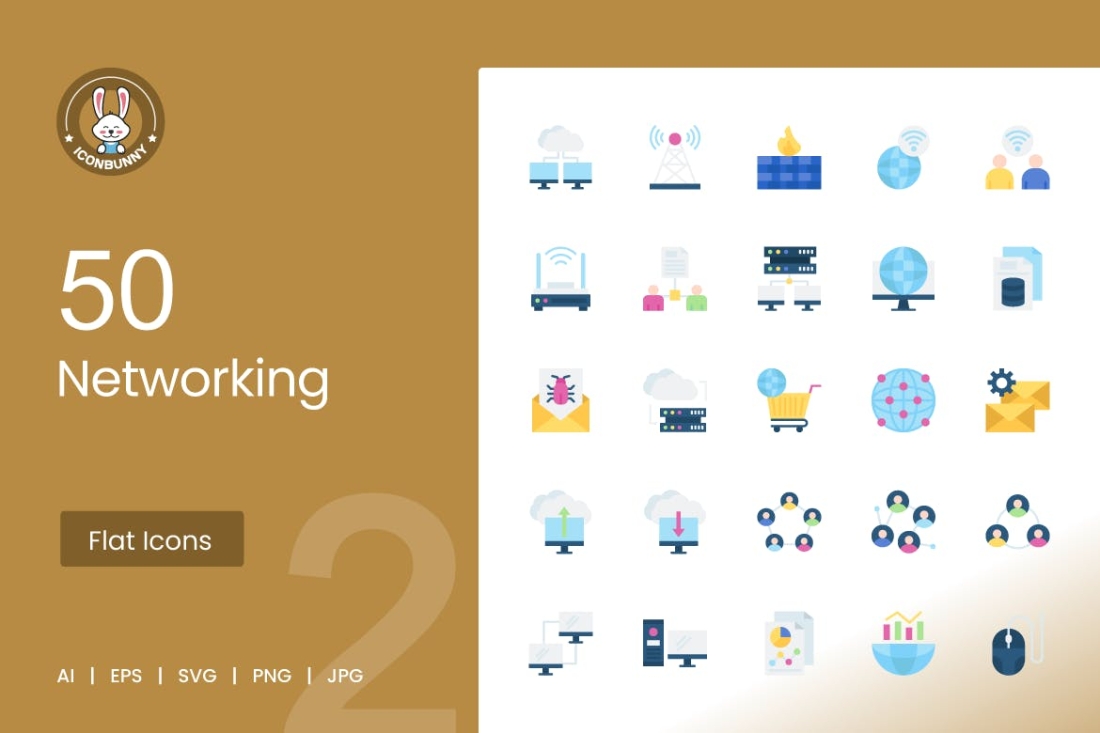 50 Networking Flat Multicolor Icons