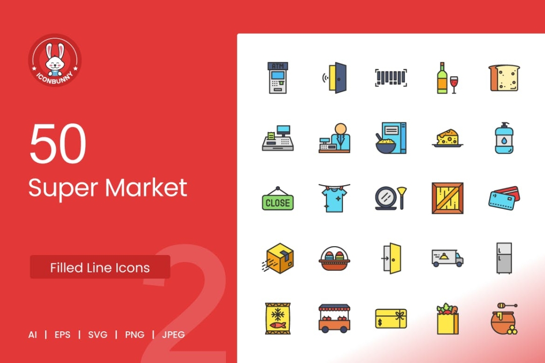 50 Super Market Filled Line Icons