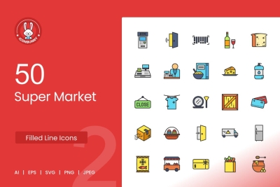 50 Super Market Filled Line Icons