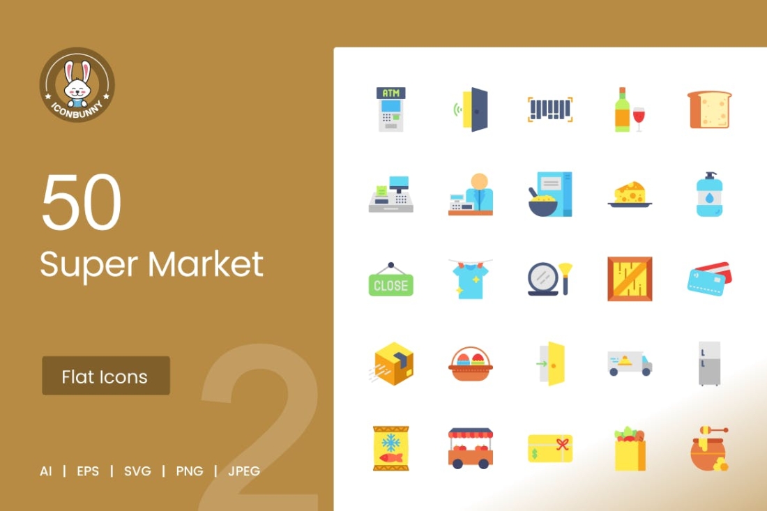 50 Super Market Flat Multicolor Icons