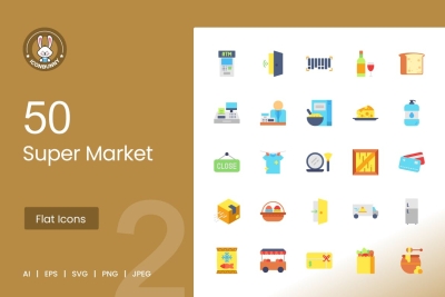 50 Super Market Flat Multicolor Icons