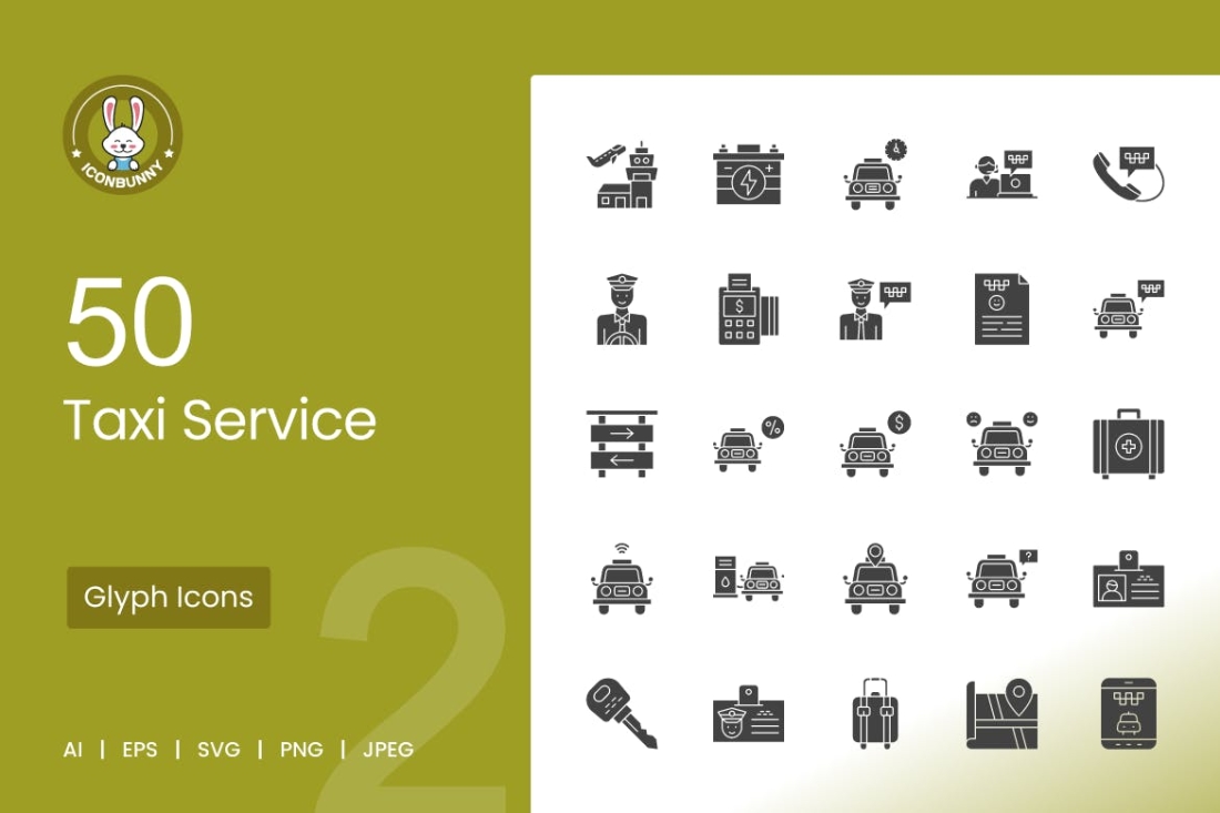50 Taxi Service Glyph  Icons
