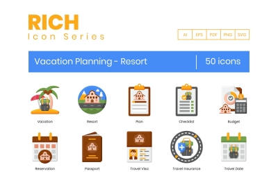 50 Vacation Planning - Resort Icon Set Icons -