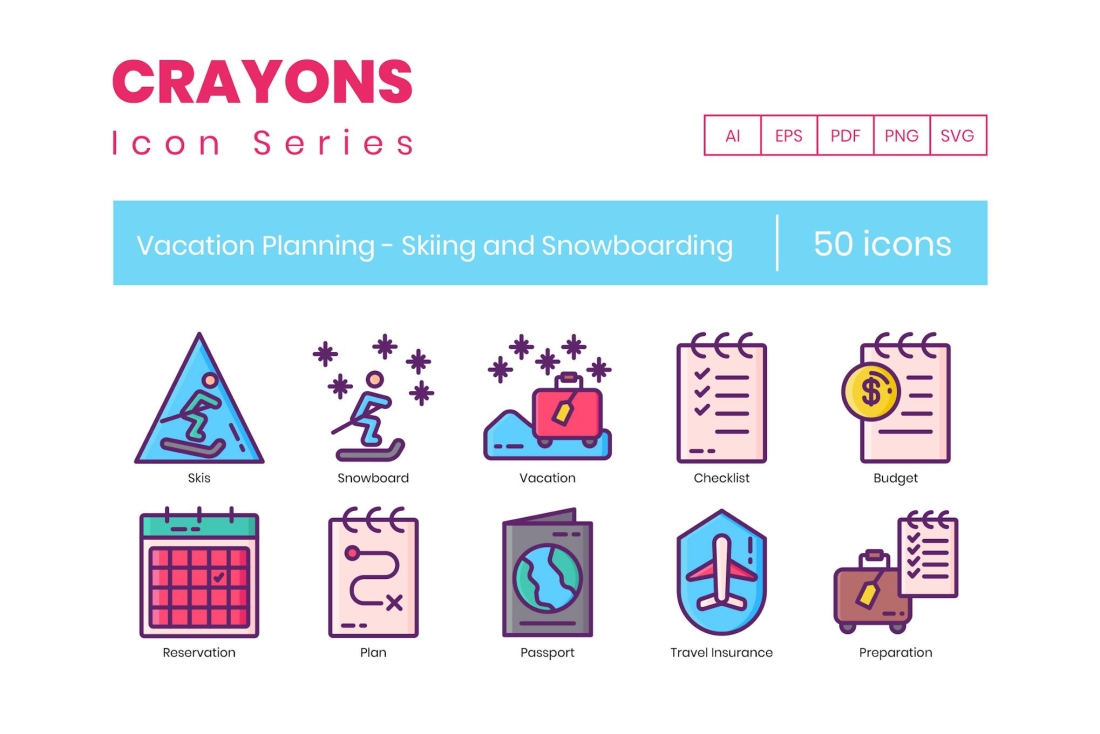 50 Vacation Planning - Skiing and Snowboarding Ico