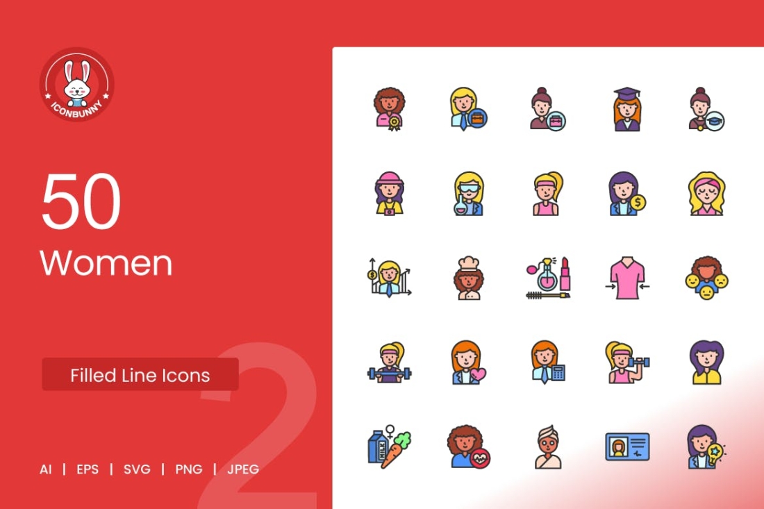 50 Women Filled Line Icons
