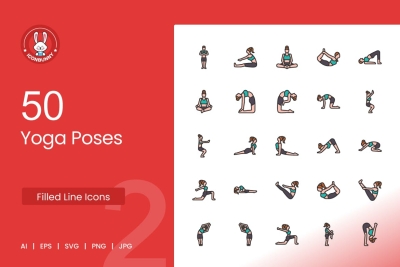 50 Yoga Poses Filled Line Icons