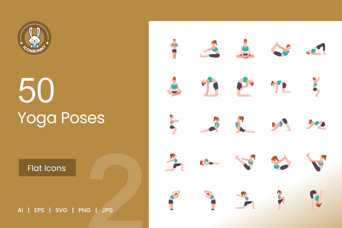 50 Yoga Poses Flat Multicolor Icons