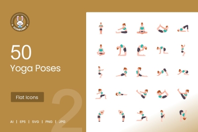 50 Yoga Poses Flat Multicolor Icons