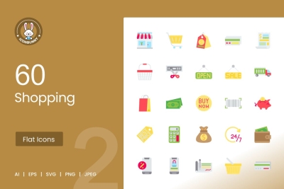 60 Shopping Flat Multicolor Icons