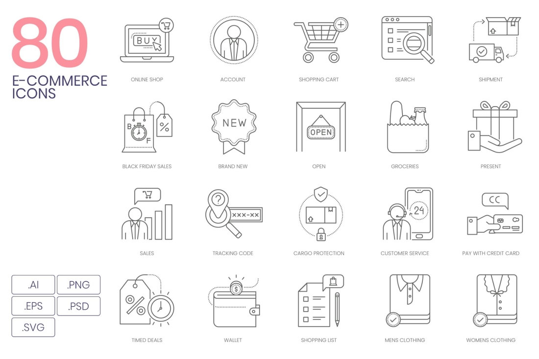 80 E-Commerce Online Shop Icons - Line Series