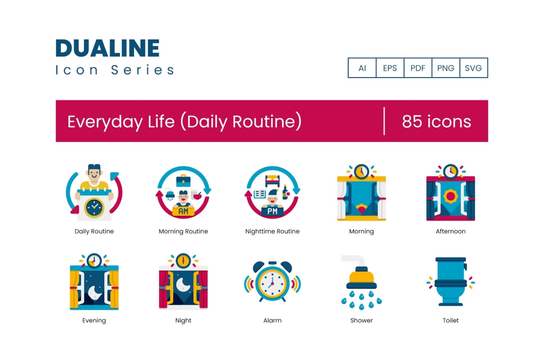 85 Everyday Life (Daily Routine) Icons - Flat Dual