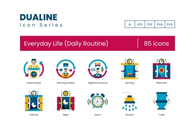 85 Everyday Life (Daily Routine) Icons - Flat Dual