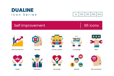 85 Self Improvement Icons - Dualine Flat Series