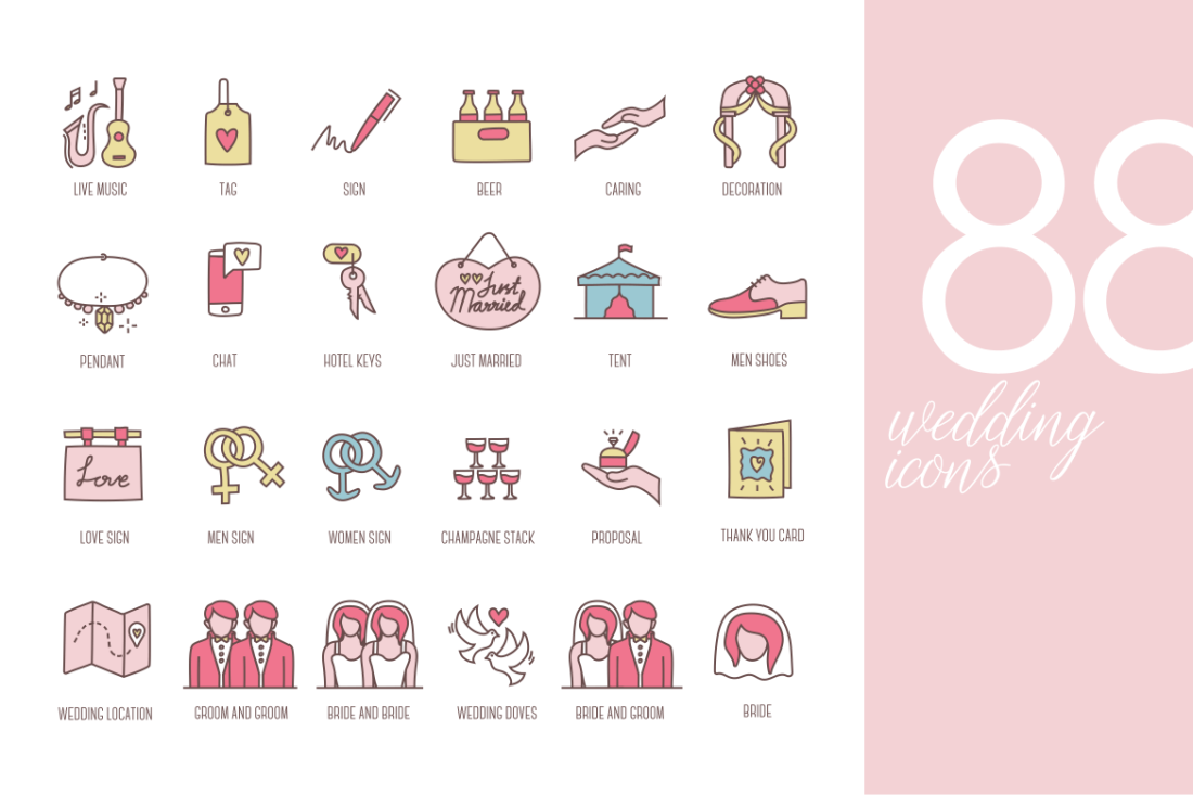 88 Wedding Icons - Color Series