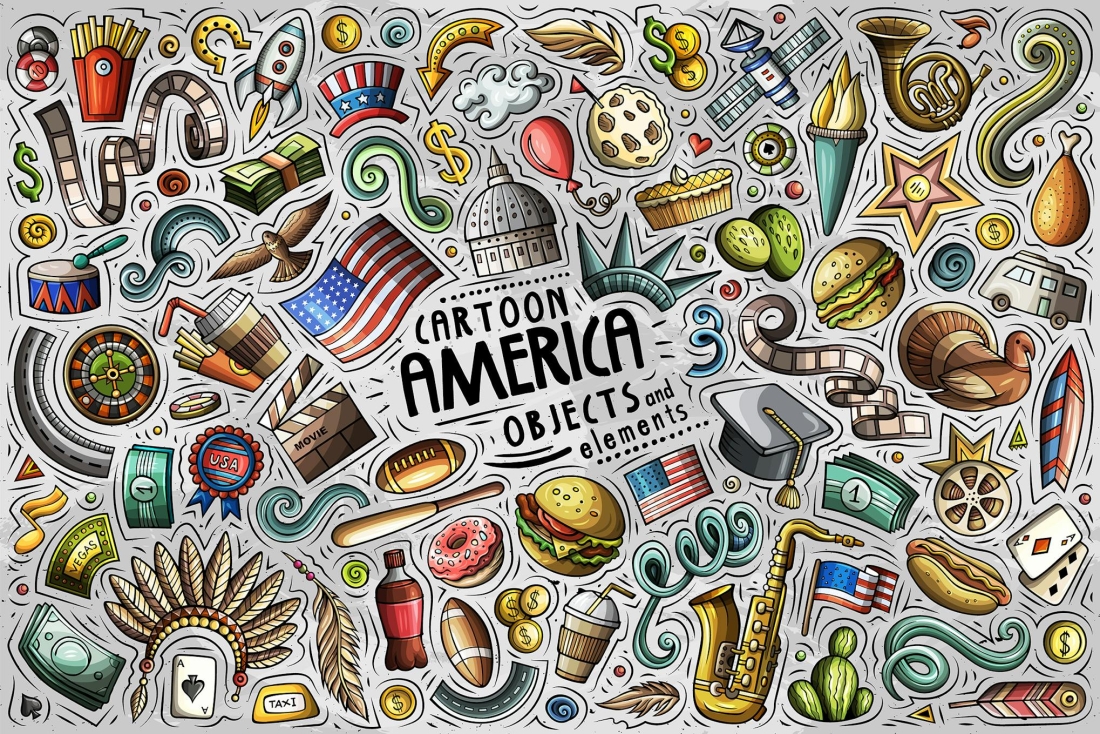 America Cartoon Funny Objects & Symbols Set