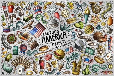 America Cartoon Funny Objects & Symbols Set