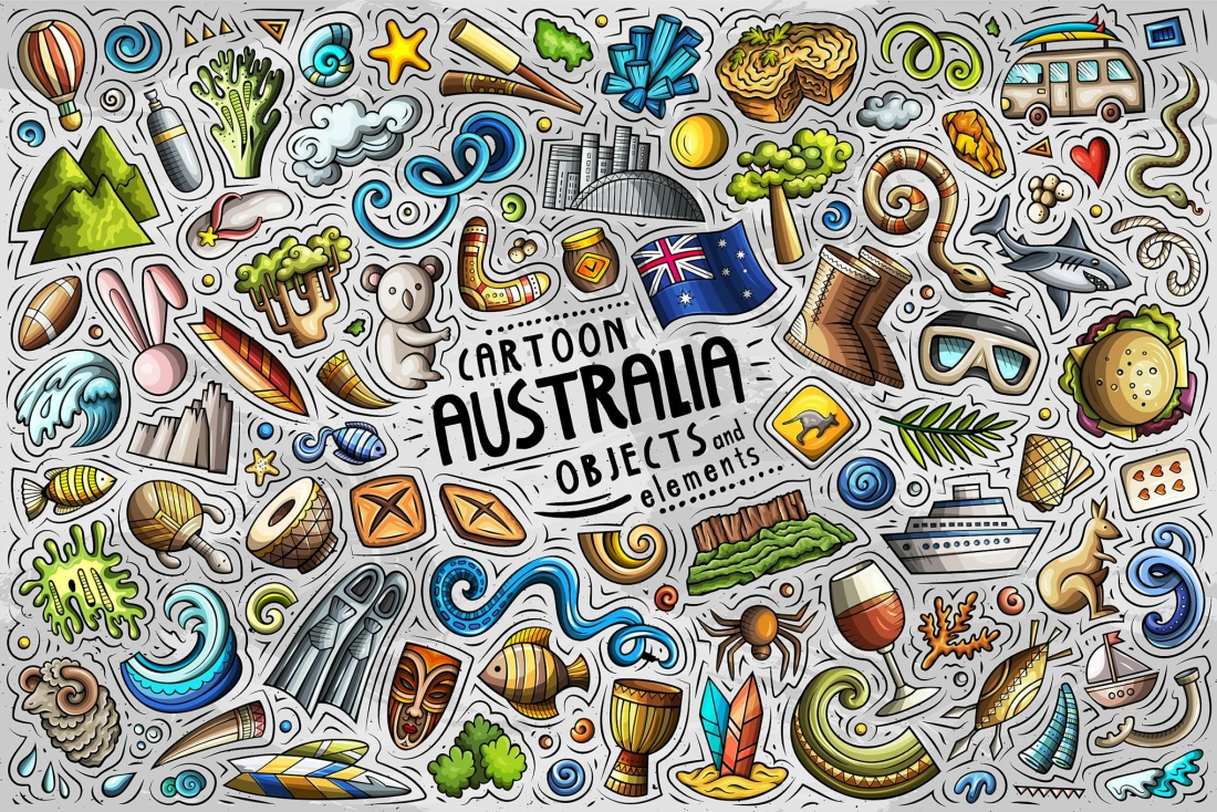 Australia Cartoon Funny Objects & Symbols Set