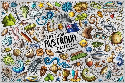 Australia Cartoon Funny Objects & Symbols Set