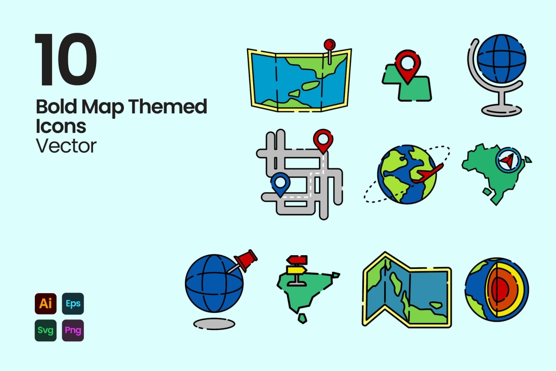 Bold World Map Themed Icons
