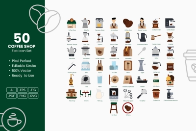 Coffee Shop Flat Icon Set