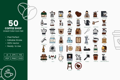 Coffee Shop Lineal Color Icon Set