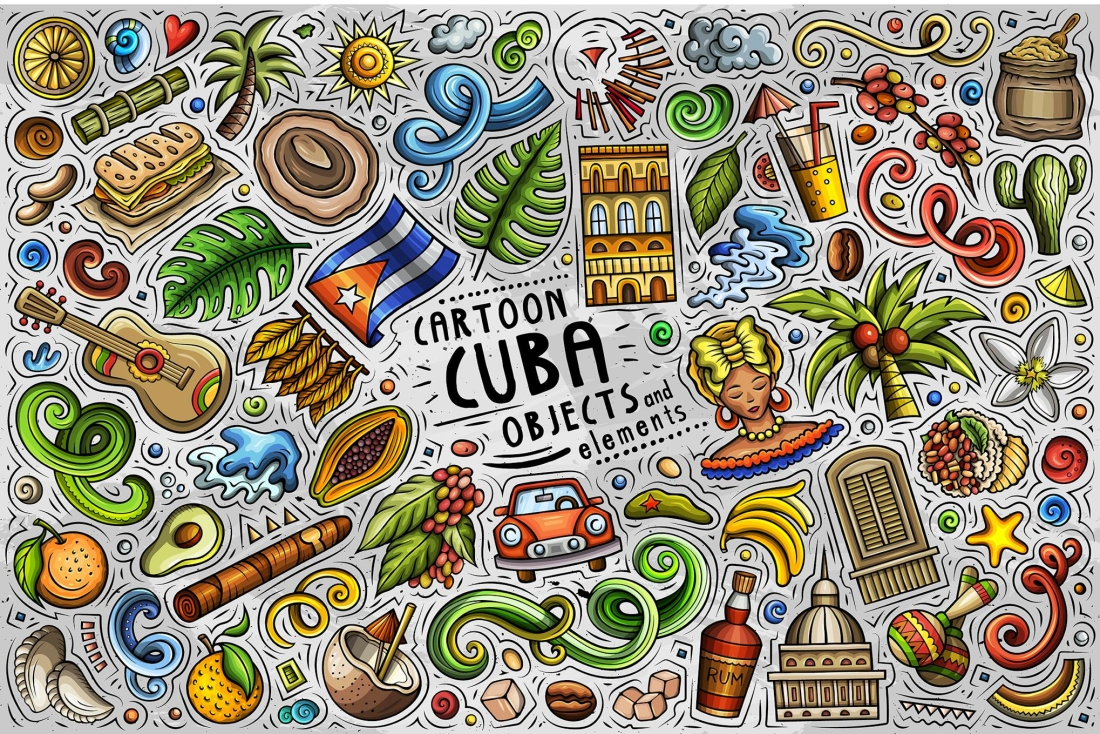 Cuba Cartoon Funny Objects & Symbols Set