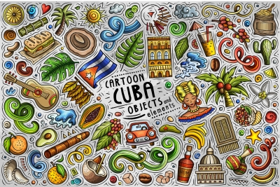 Cuba Cartoon Funny Objects & Symbols Set