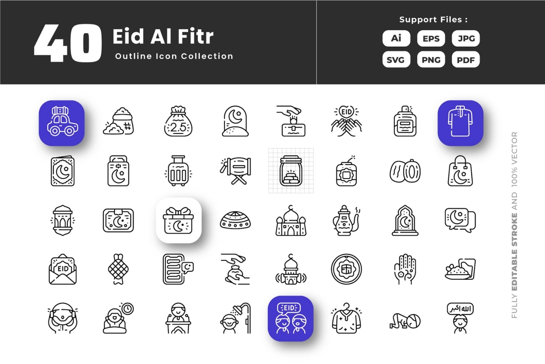 Eid Al Fitr Outline Icons Set Pack Collection