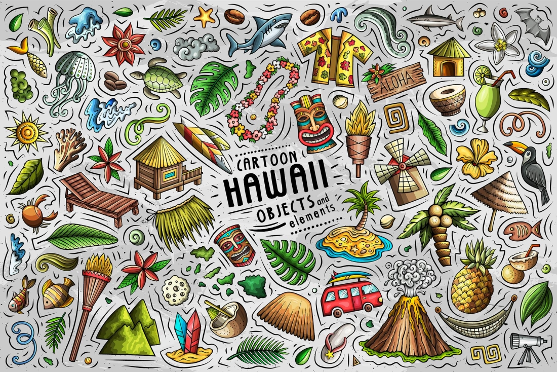 Hawaii Cartoon Funny Objects & Symbols Set