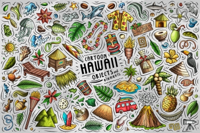 Hawaii Cartoon Funny Objects & Symbols Set