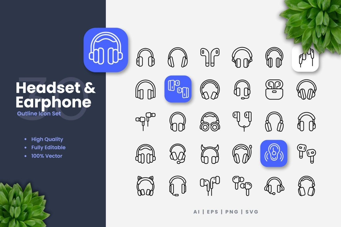 Headset and Earphone Outline Icons