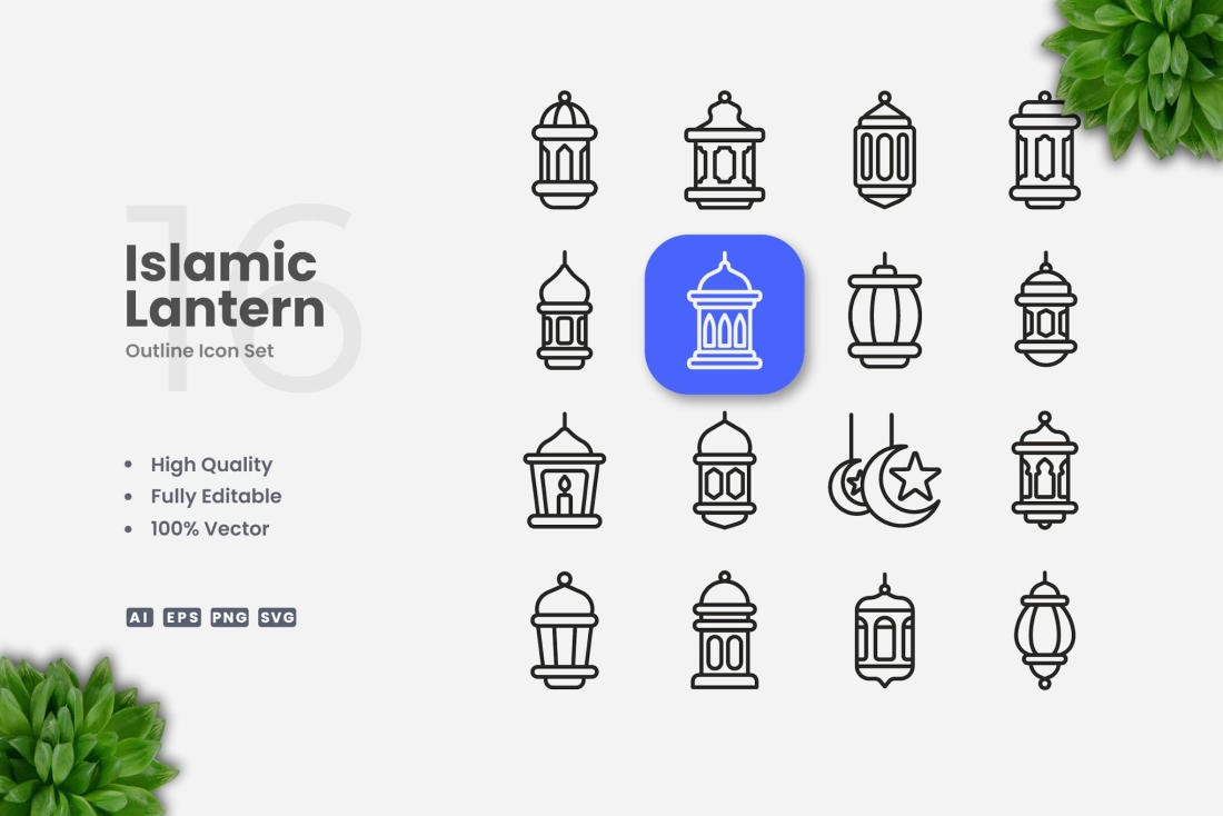 Islamic Lantern Outline Icons