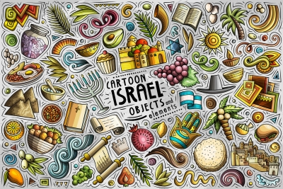 Israel Cartoon Funny Objects & Symbols Set